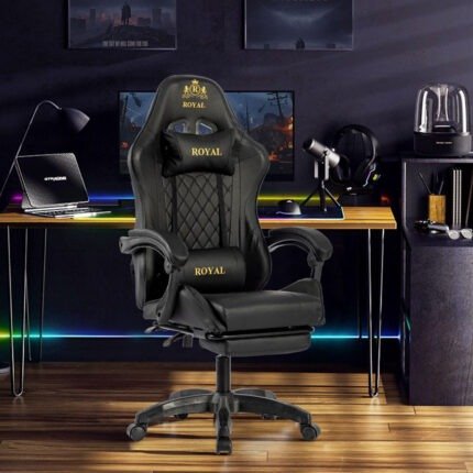 Royal Gaming Chair with Adjustable Headrest, Lumbar Pillow and Footrest (A23)- Black